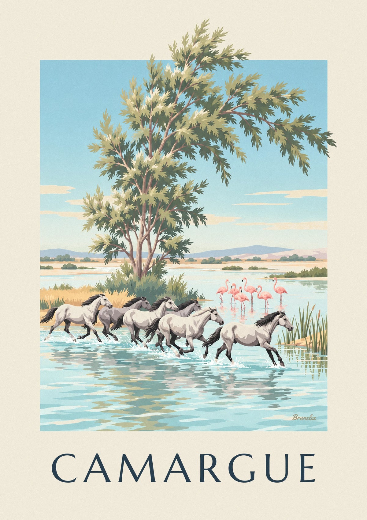 Affiche chevaux camarguais au galop dans les marais