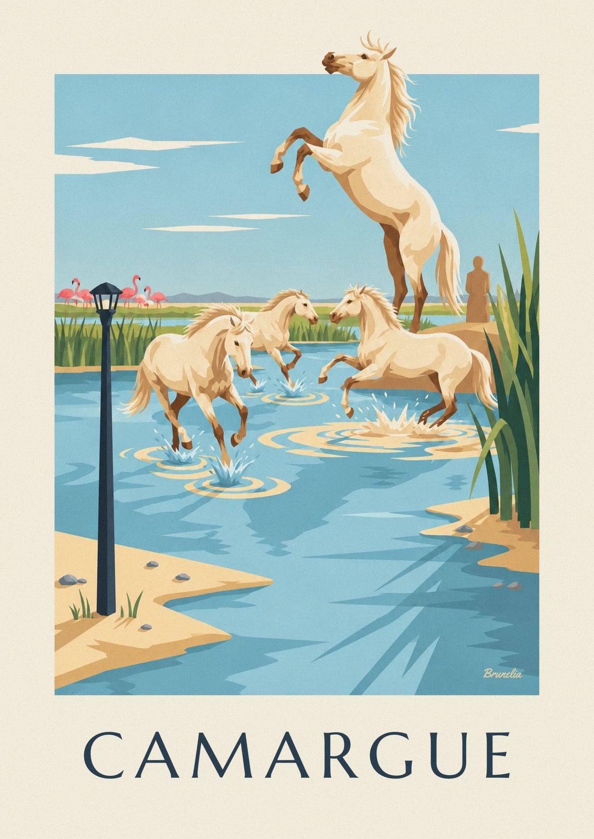Affiche chevaux camarguais au galop dans les marais