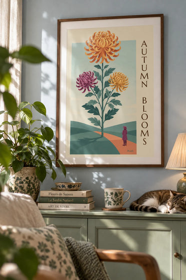 Affiche planche botanique de chrysanthèmes aux fleurs pleines : encadrée au mur