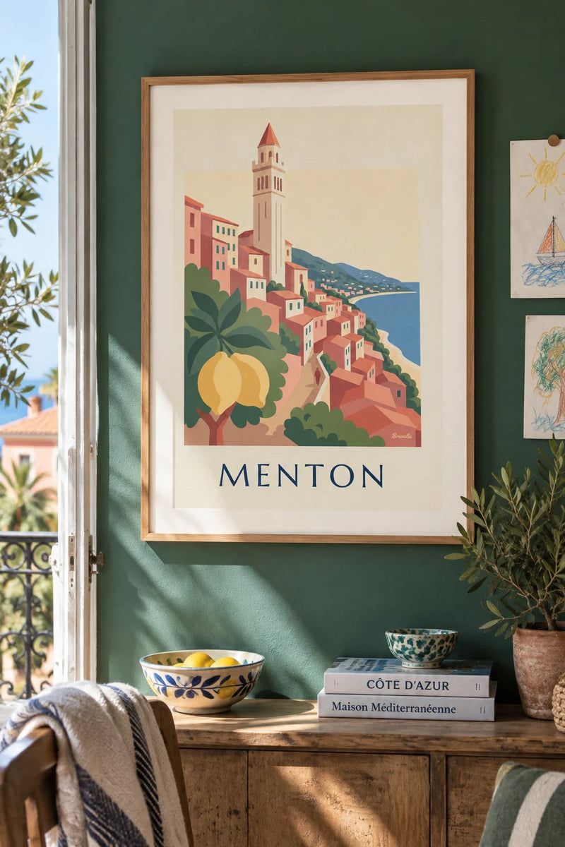 Affiche colorées vintage accrochée dans un intérieur