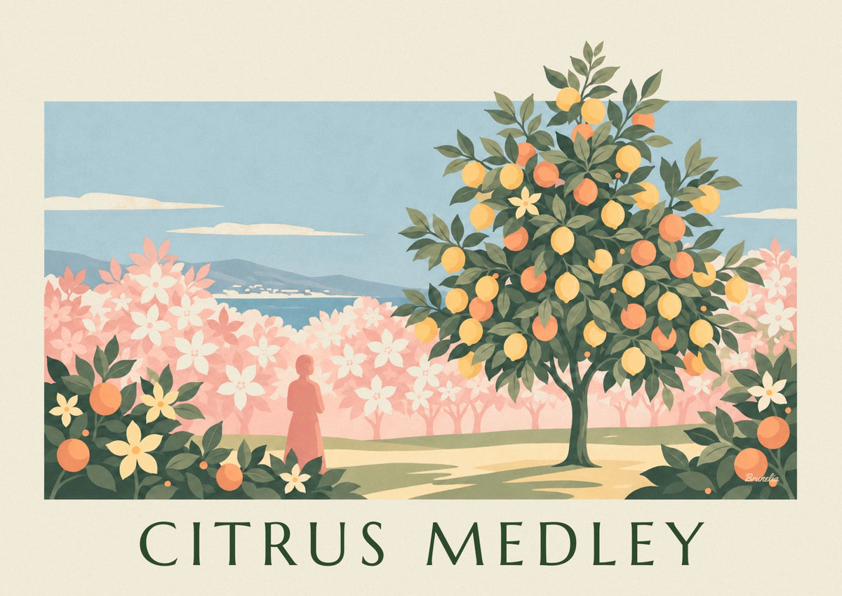 Affiche citrons jaunes et oranges sur fond floral