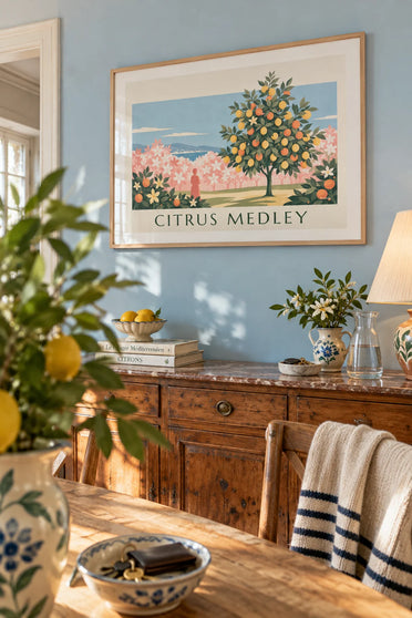 Affiche citrons jaunes et oranges sur fond floral : encadrée au mur