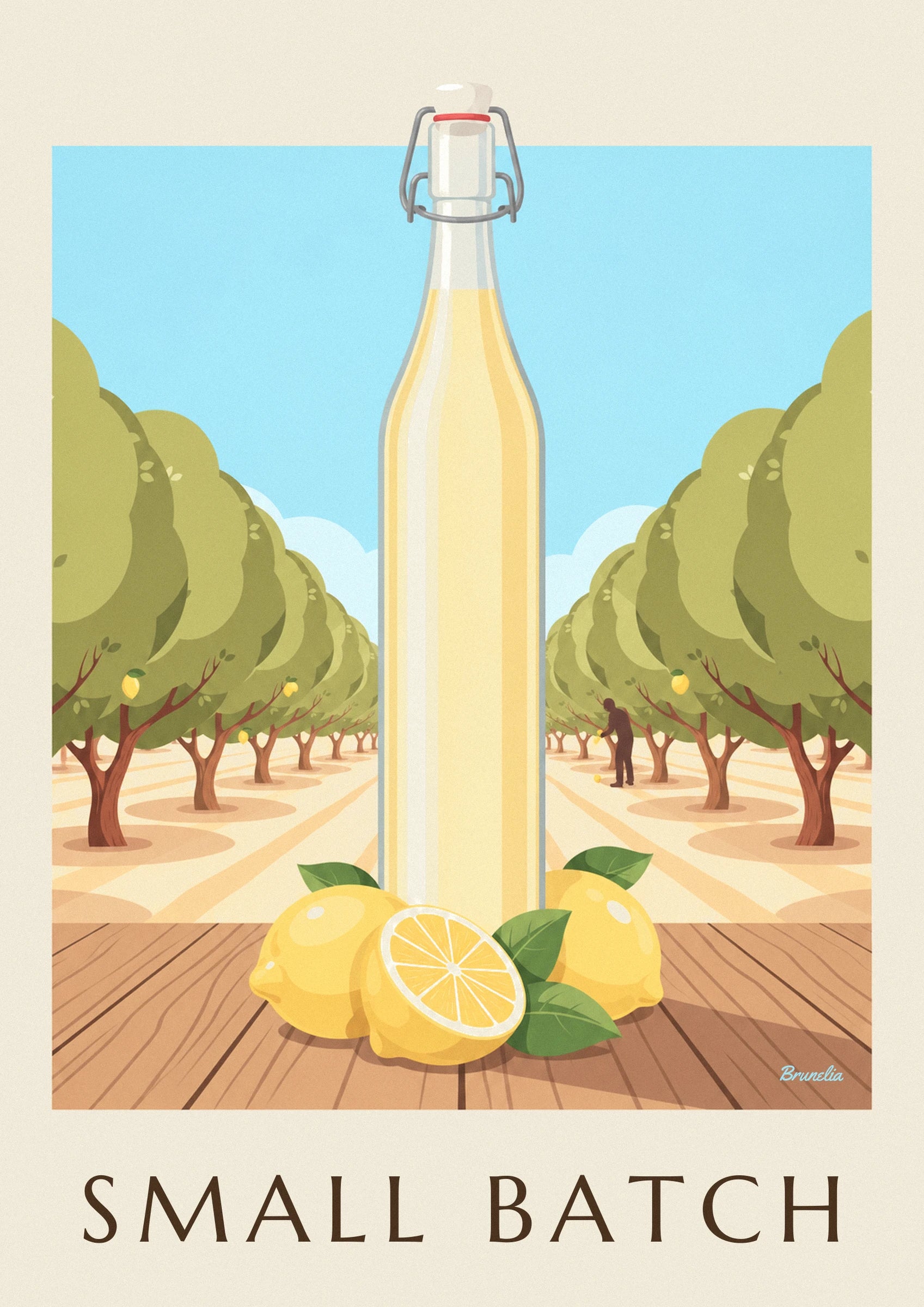 A figure bending among the lemon trees, with yellow lemons on the ground