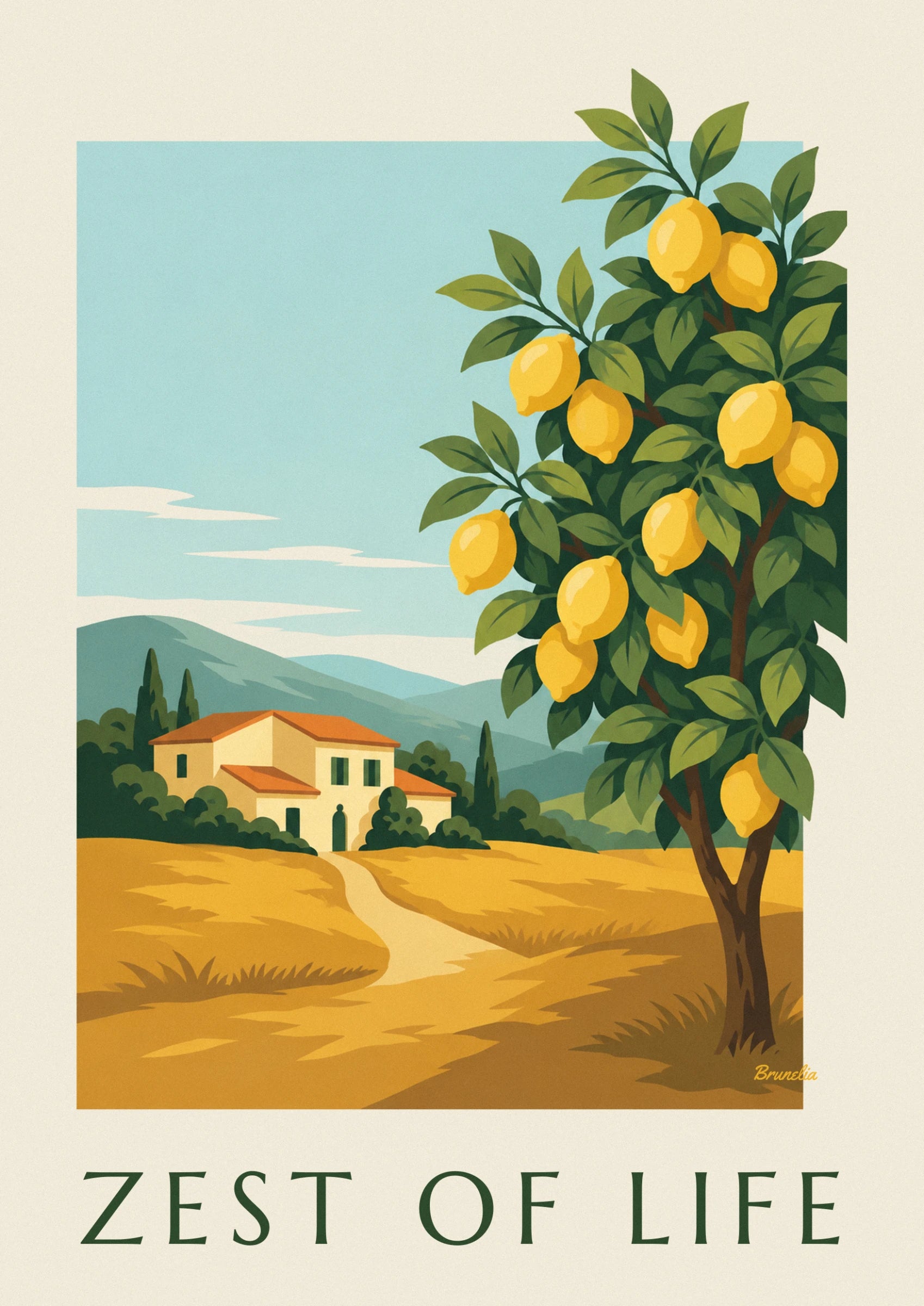 The ripe yellow lemons among dark green leaves in front of a patch of blue sky