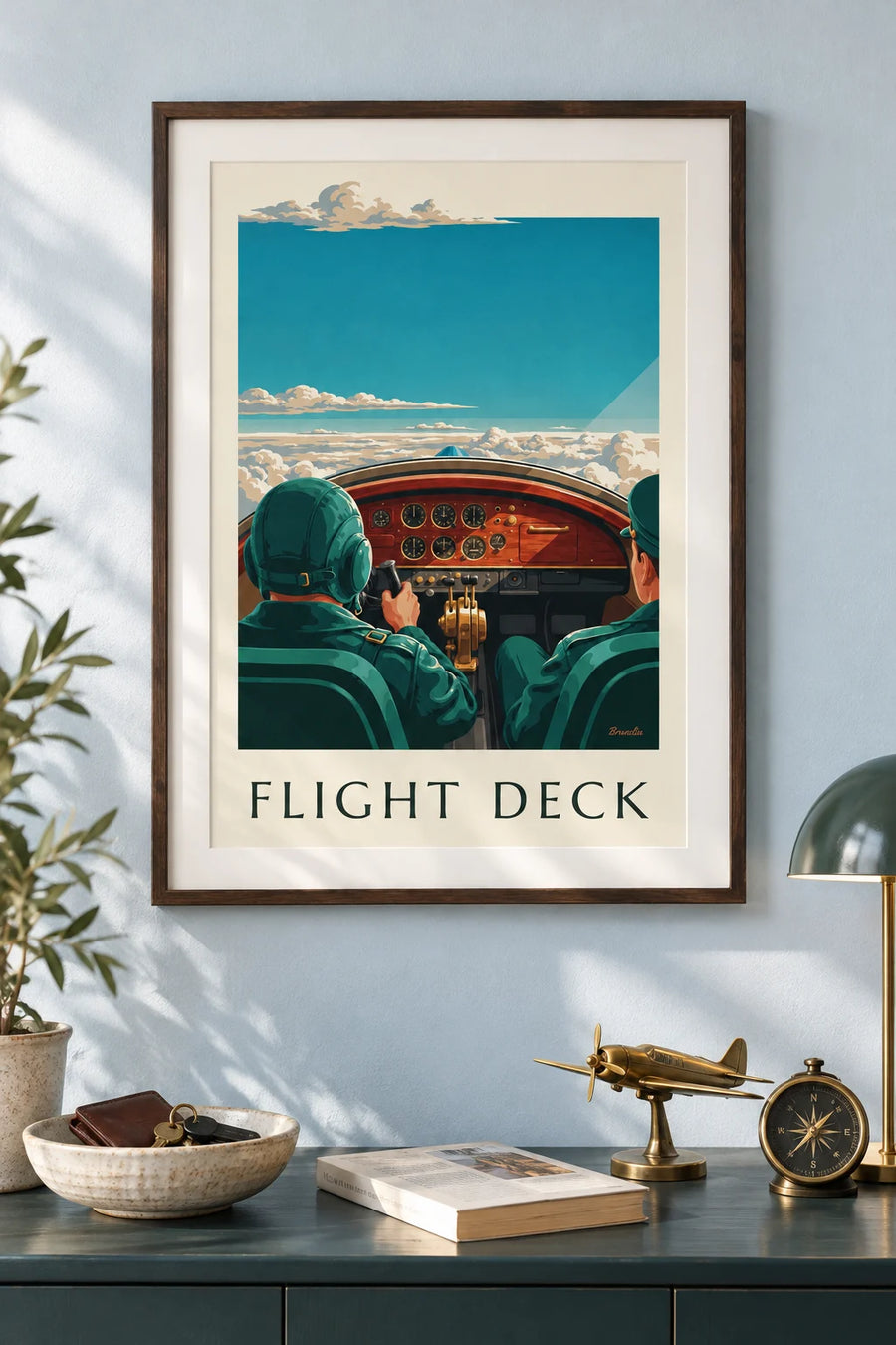 Affiche cadrans et instruments d'un cockpit d'avion à hélices : encadrée au mur