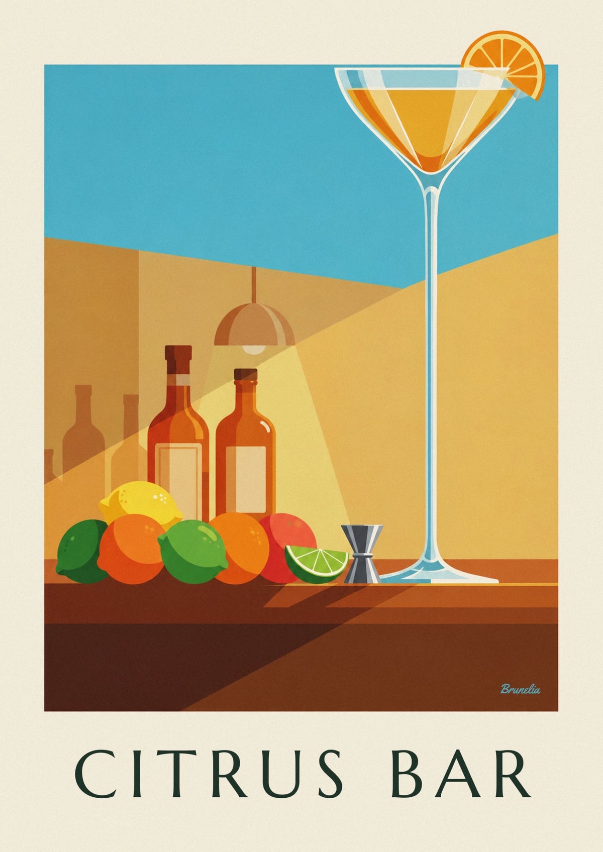 Affiche bar à cocktails, coupe en cristal et agrumes