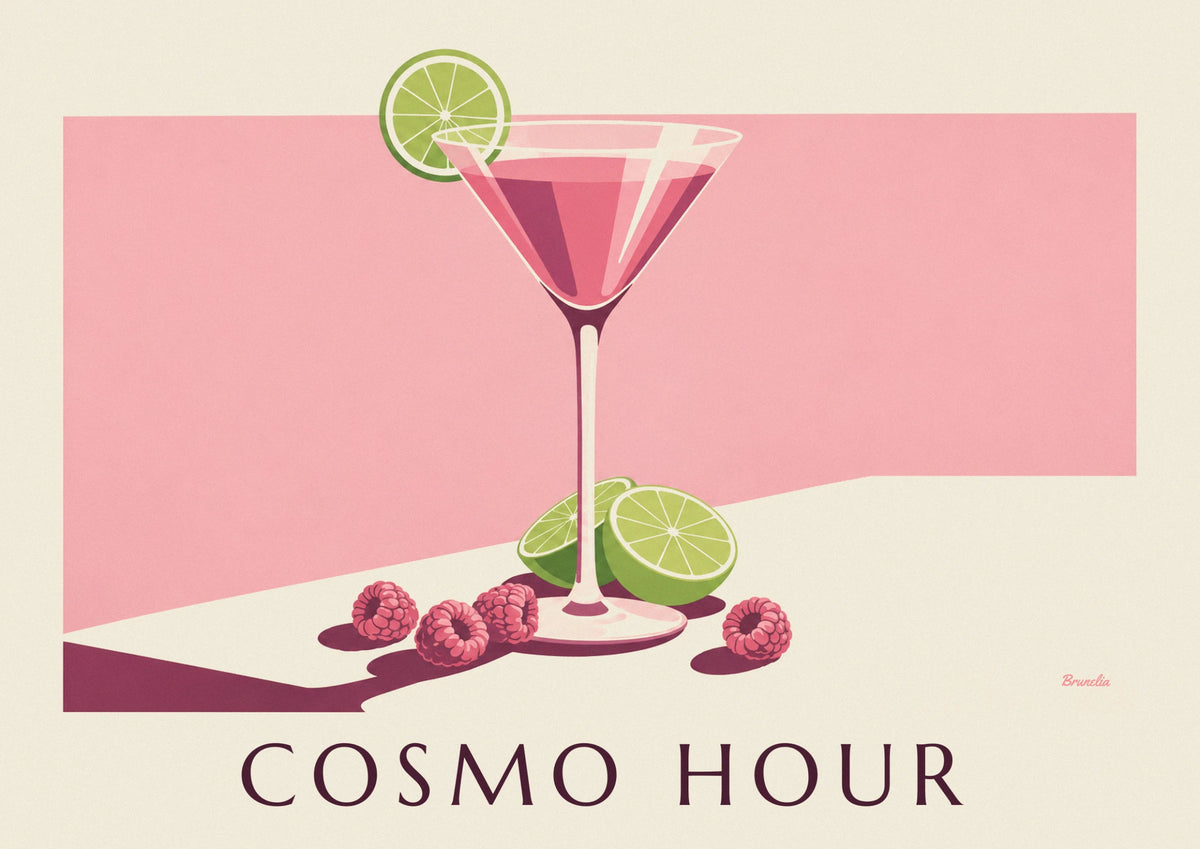 Affiche cocktail Cosmopolitan à la framboise et citron vert