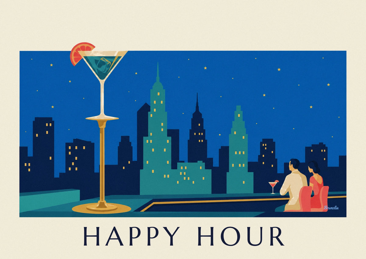 Affiche verre à cocktail sur le bar d’un rooftop étoilé