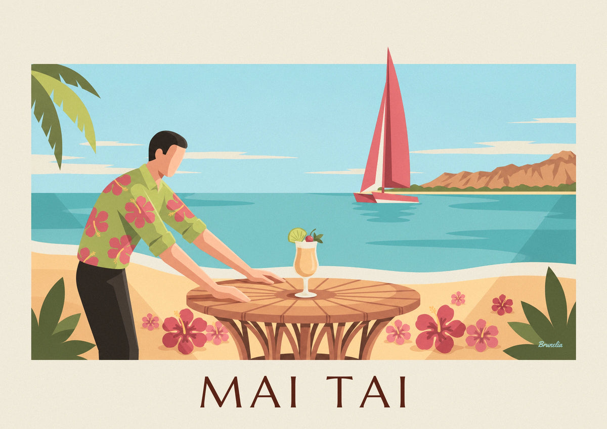 Affiche cocktail Mai Tai servi sur une plage face à Diamond Head