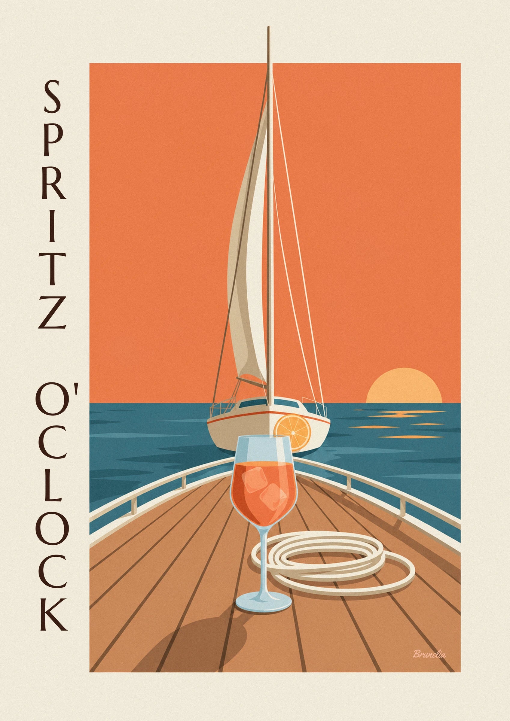 A glass of spritz with 2 ice cubes on the wooden deck, near a cream rope