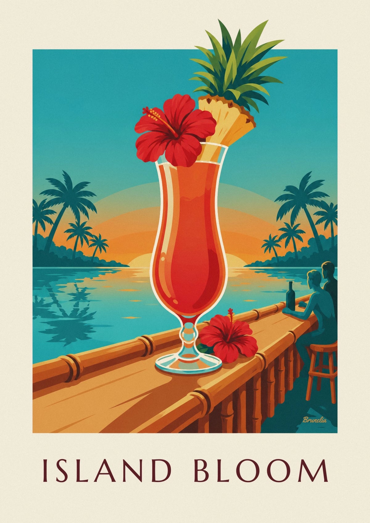 Affiche cocktail tropical à l'hibiscus sur un bar de plage