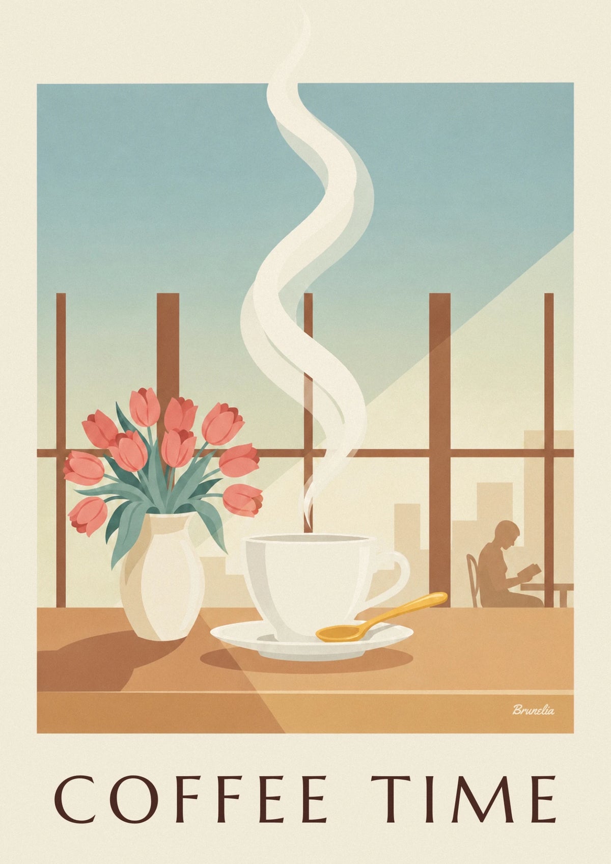 Affiche tasse de café fumante et fleurs près de la fenêtre