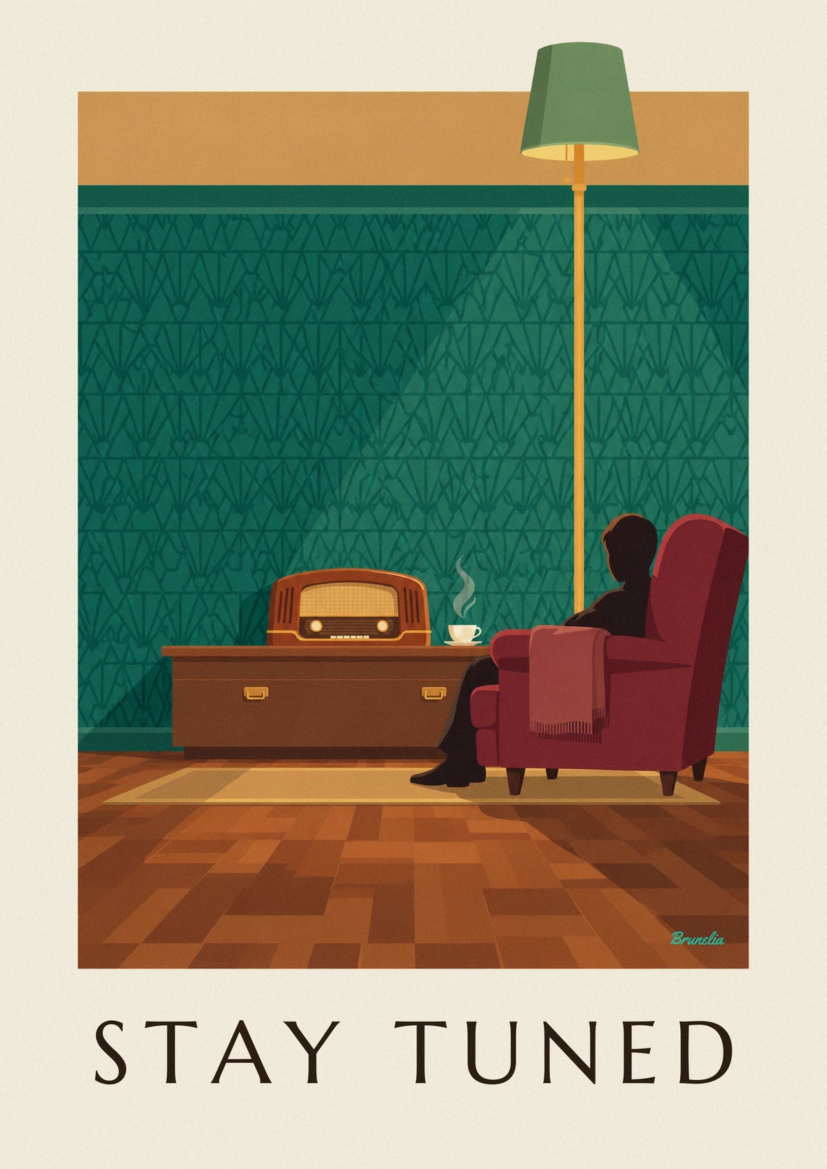 Affiche poste de radio en bois et fauteuil rouge au salon