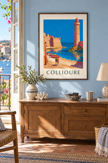 Affiche château royal et clocher de Collioure au bord de la baie : encadrée au mur