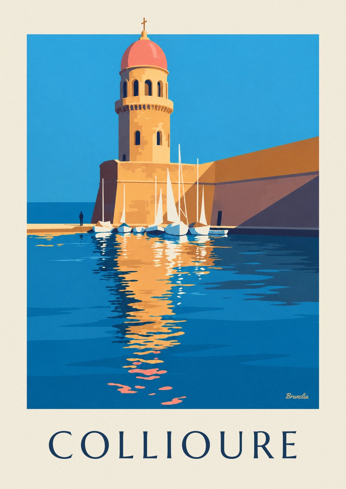 Affiche clocher de Collioure et voiliers dans la baie