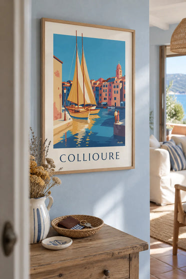 Affiche voiliers jaunes dans le port de Collioure : encadrée au mur