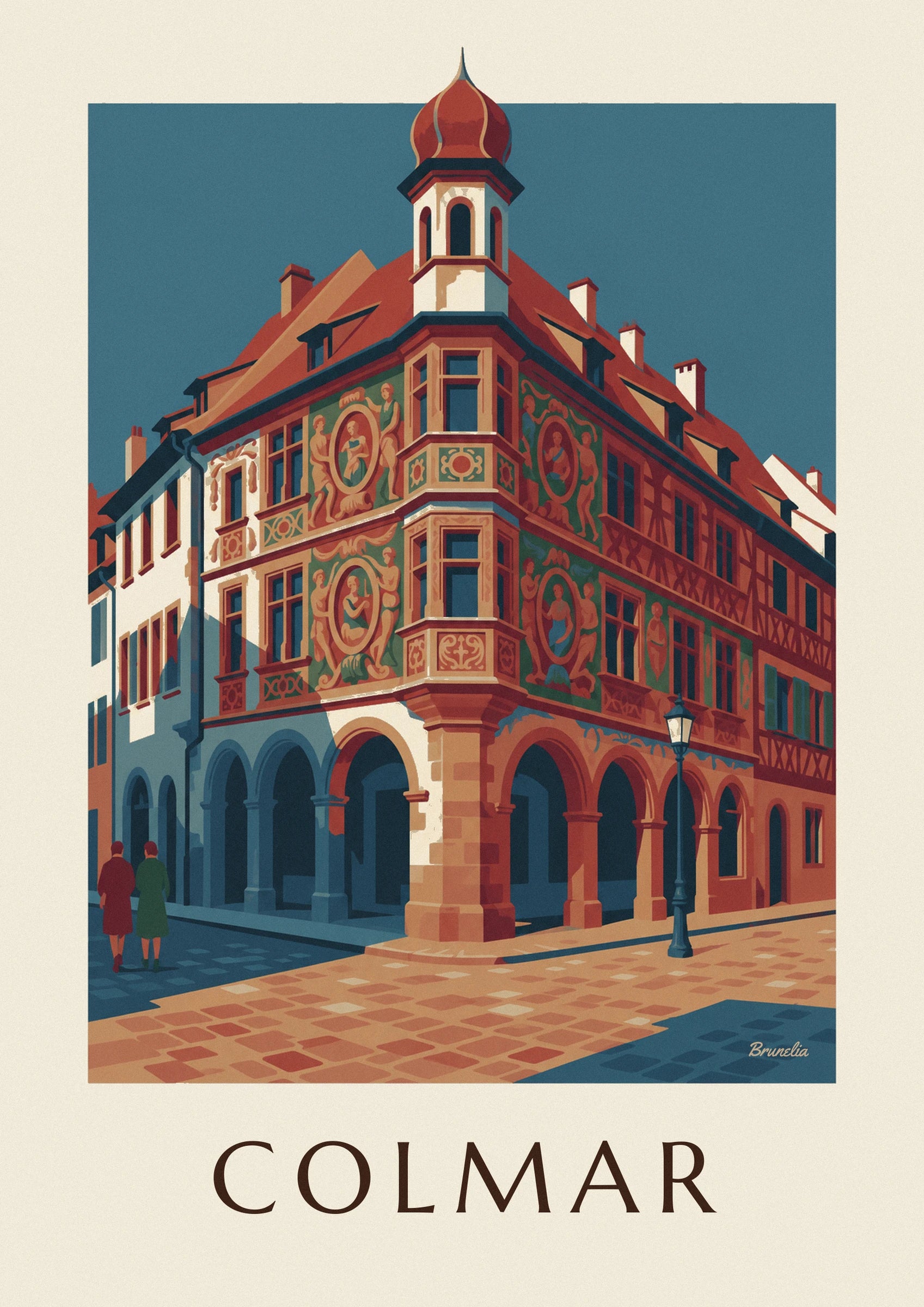 The turret with its red onion dome and the painted façades of Maison Pfister