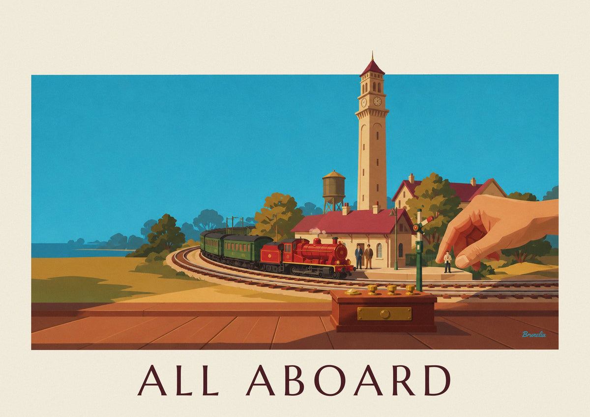 Affiche train électrique miniature et sa gare de modélisme