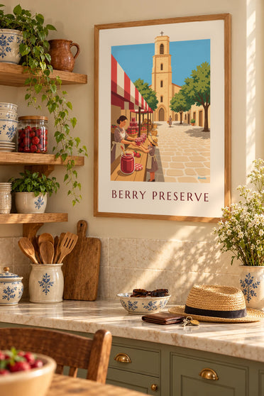 Affiche pot de confiture de fraises sur un étal de fête de village : encadrée au mur