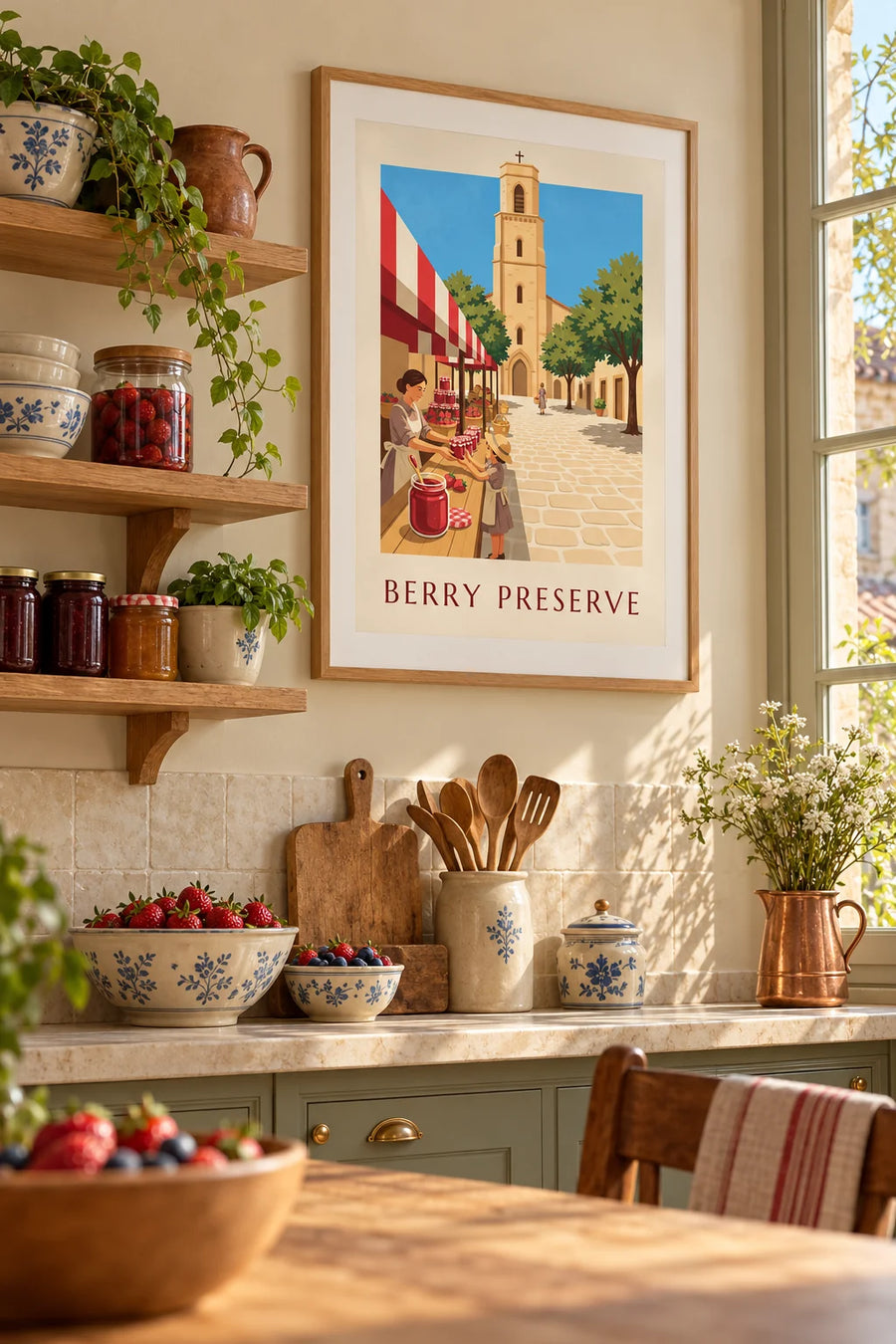 Affiche pot de confiture de fraises sur un étal de fête de village : encadrée au mur