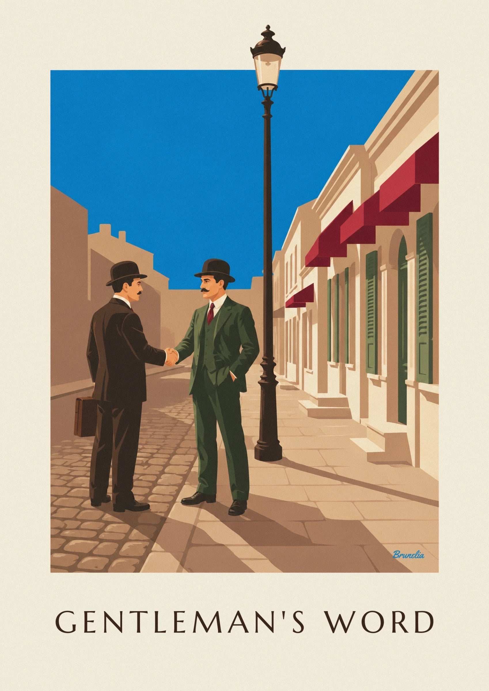 Les 2 gentlemen en chapeau melon, costumes brun et vert, se serrant la main