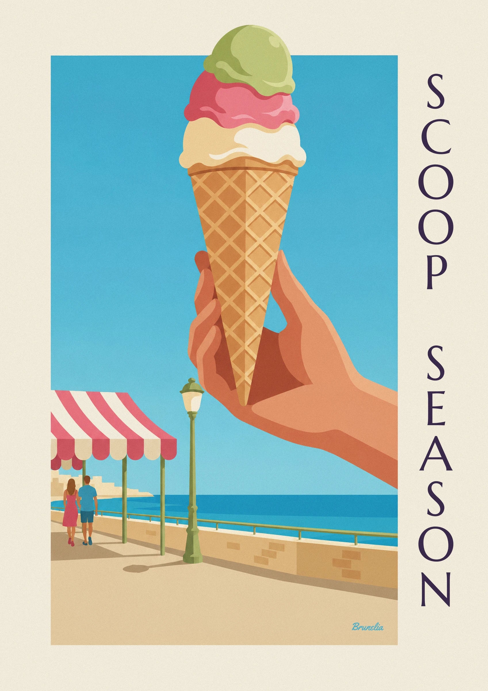 The 3 scoops of green, pink and cream ice cream on their waffle cone