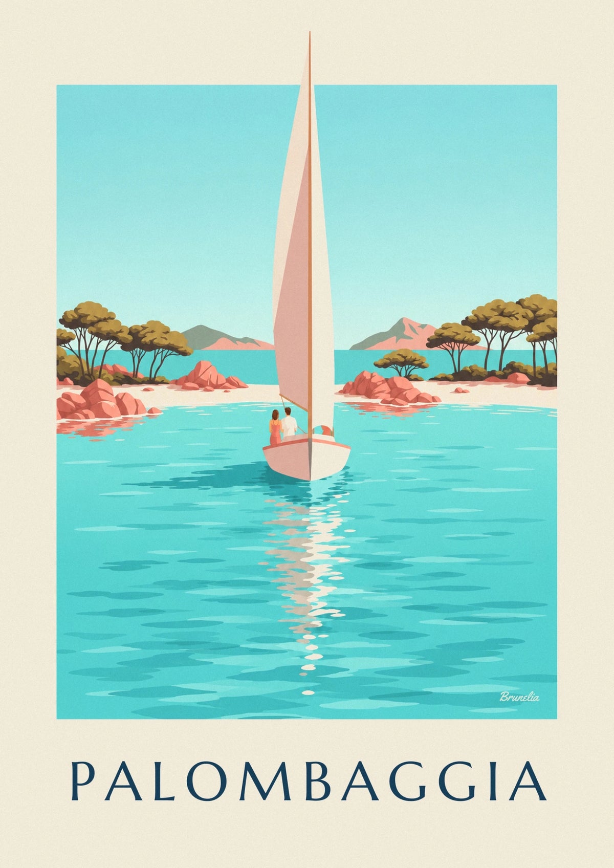 Affiche plage de Palombaggia, pins et voilier au mouillage en Corse