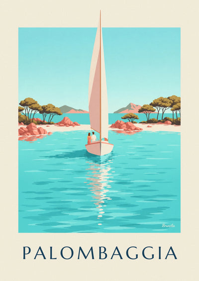 Affiche plage de Palombaggia, pins et voilier au mouillage en Corse : l'affiche entière