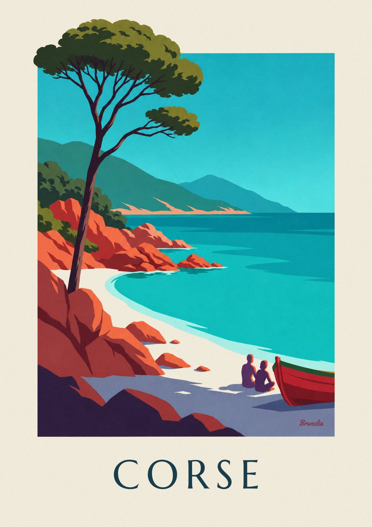 Affiche baie de Corse, rochers de granit rouge et pin parasol