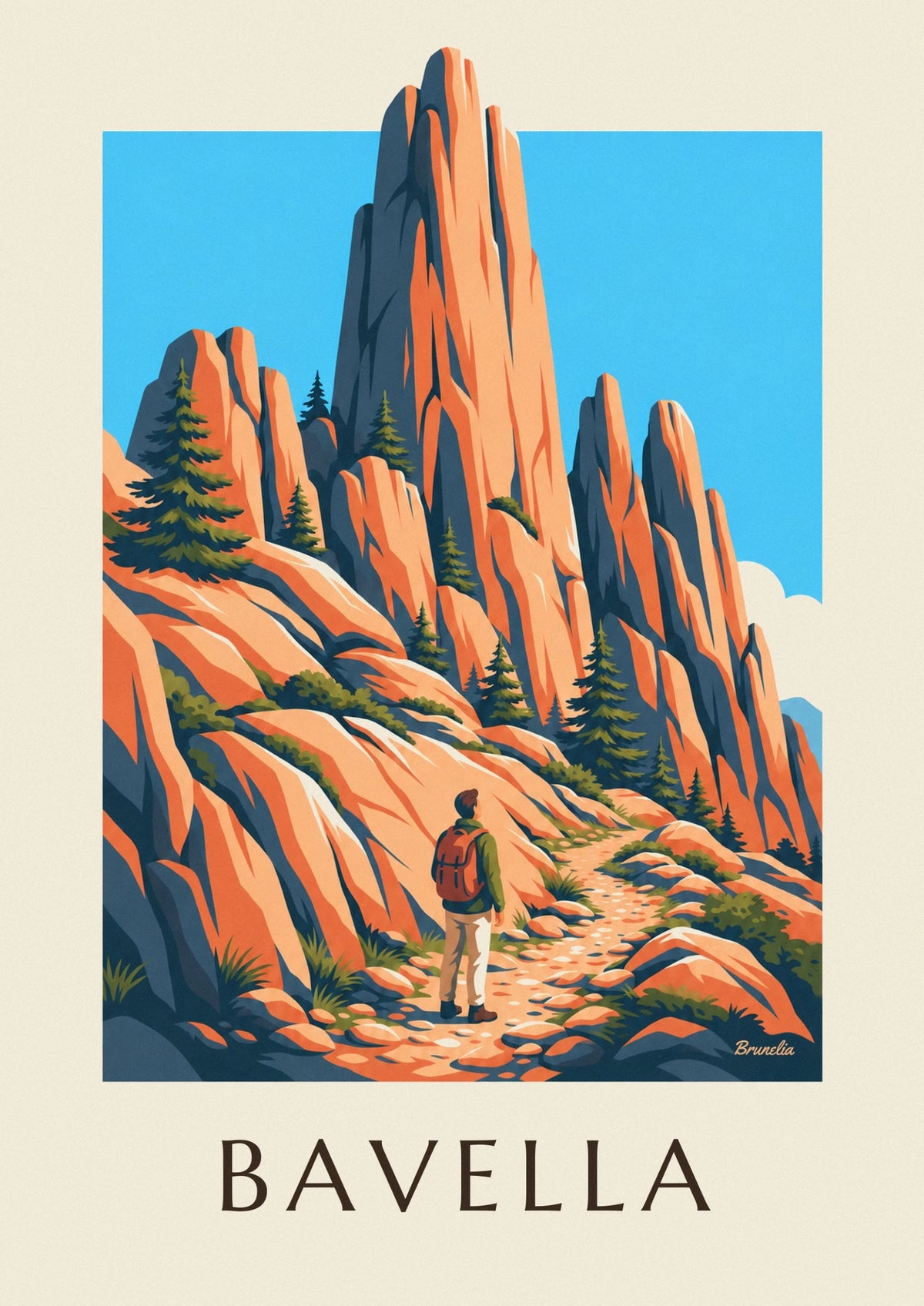 Affiche randonneur face aux aiguilles de Bavella en Corse
