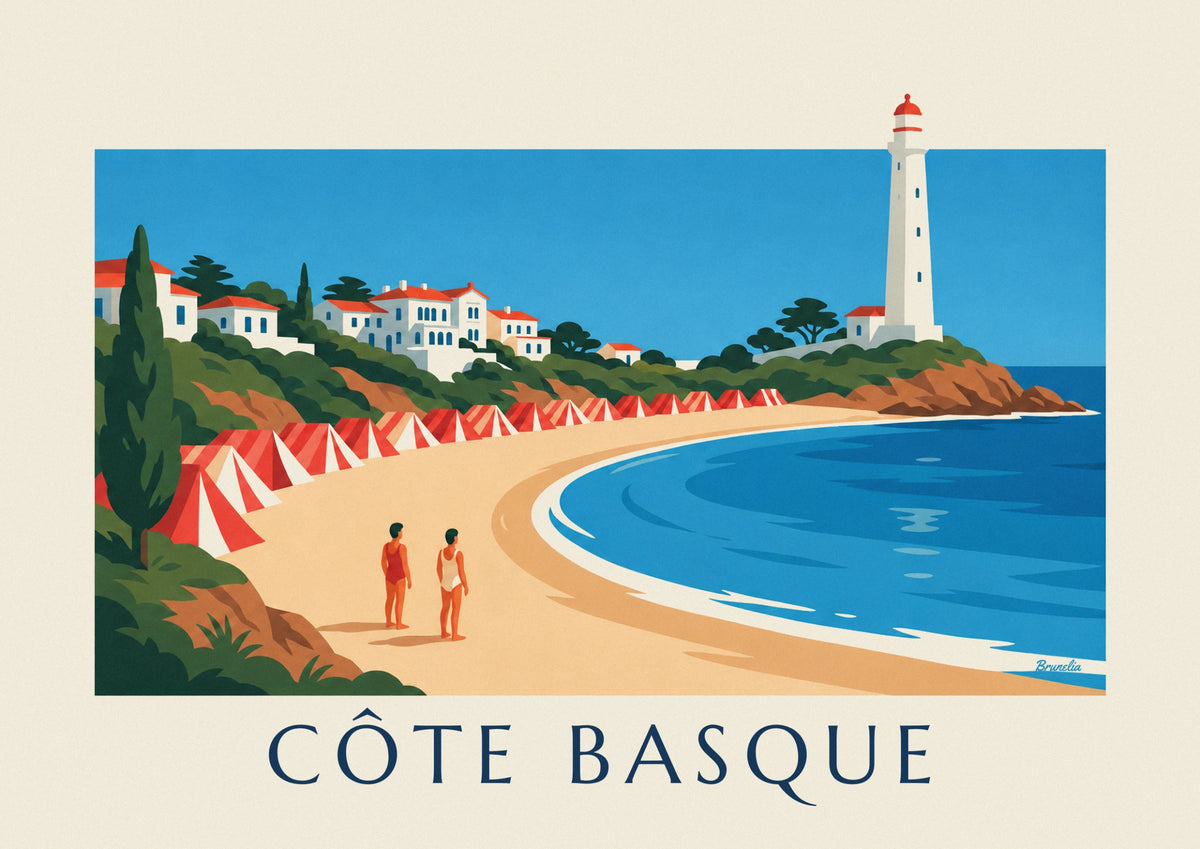 Affiche station balnéaire de la Côte basque, villas et phare