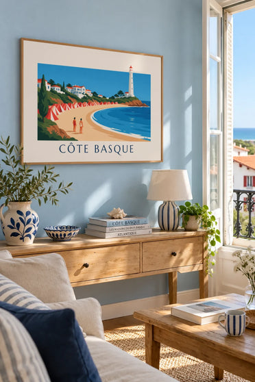 Affiche station balnéaire de la Côte basque, villas et phare : encadrée au mur