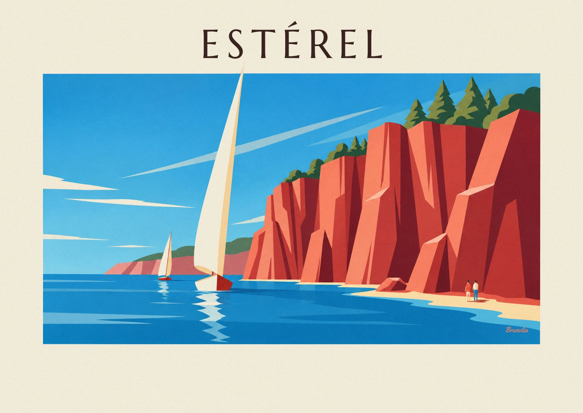 Affiche voiliers devant les roches rouges de l'Estérel