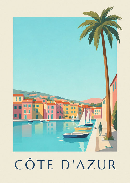 Affiche petit port de la Côte d'Azur, maisons et voiliers : l'affiche entière