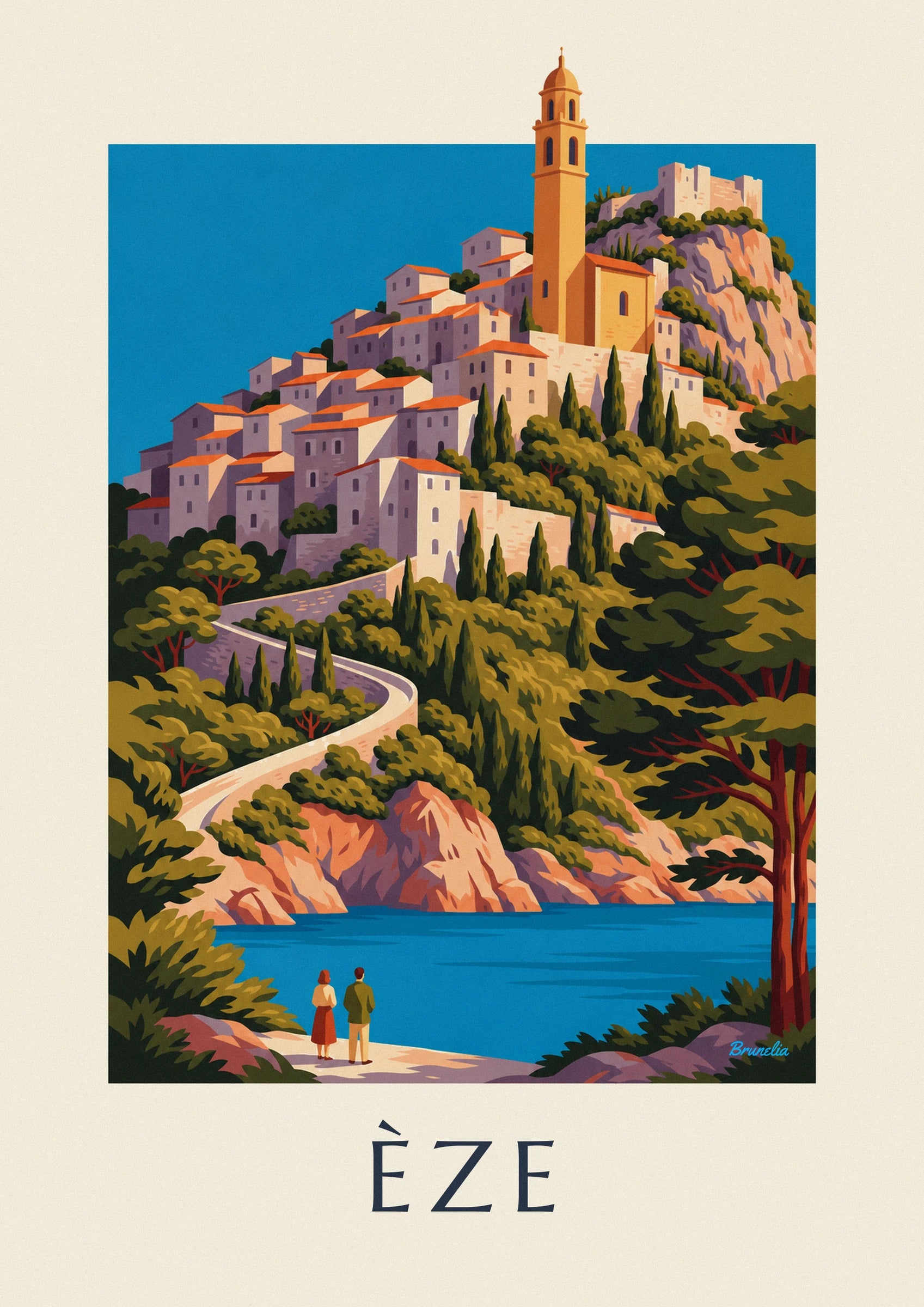 The houses with orange roofs and the ochre bell tower of Èze among the cypresses