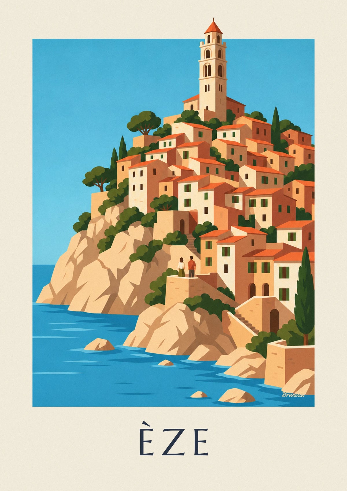 Affiche village perché d'Èze au-dessus de la Méditerranée