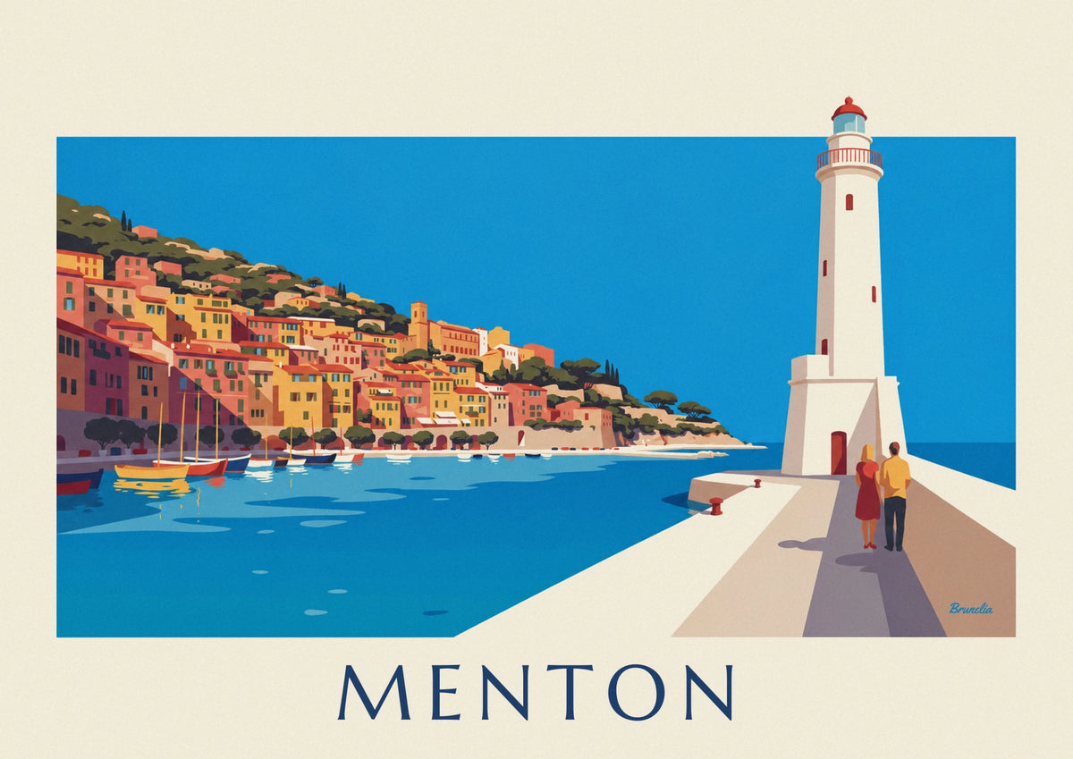 Affiche façades colorées de Menton depuis la jetée du port