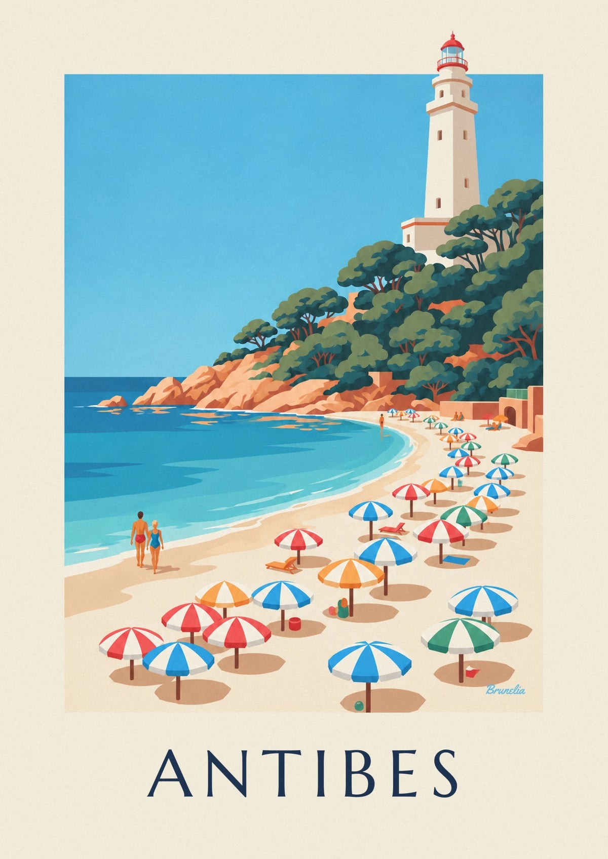 Affiche parasols colorés de la plage de la Garoupe à Antibes