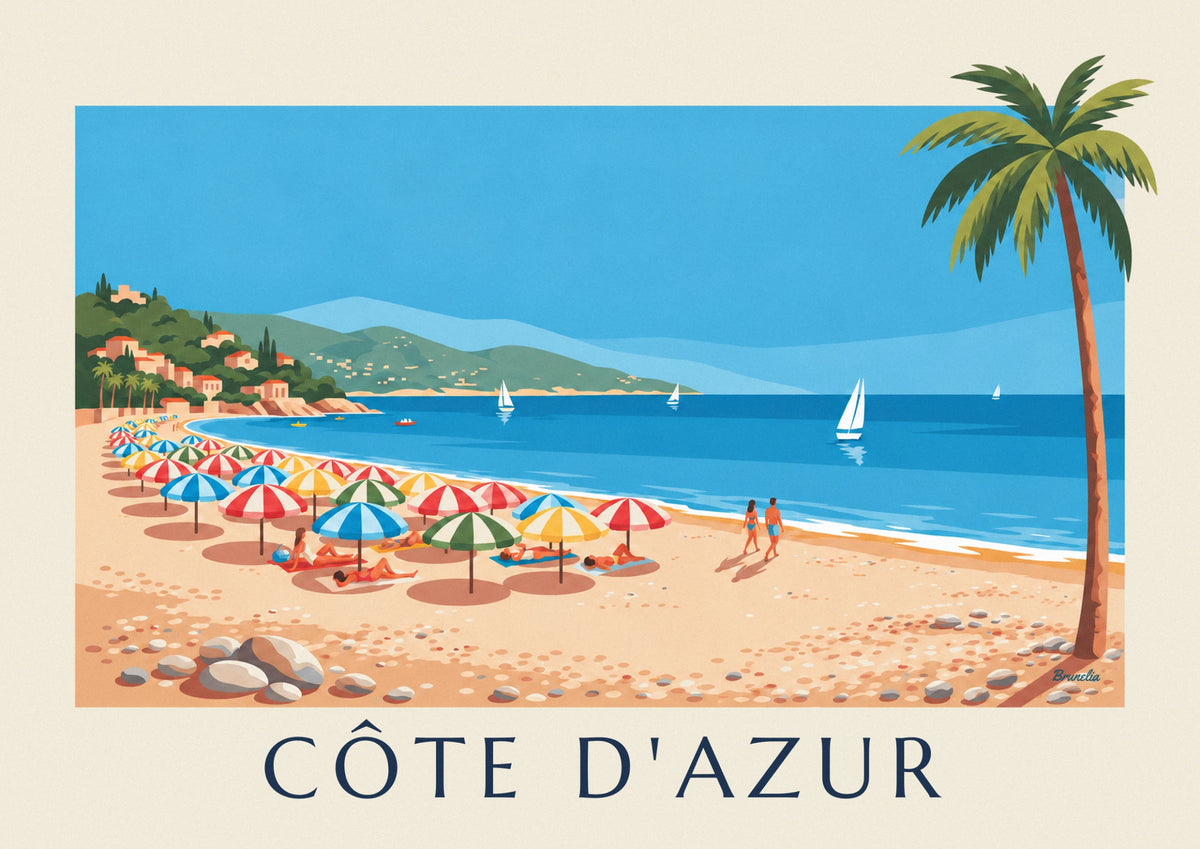 Affiche parasols colorés sur une plage de galets de la Côte d'Azur