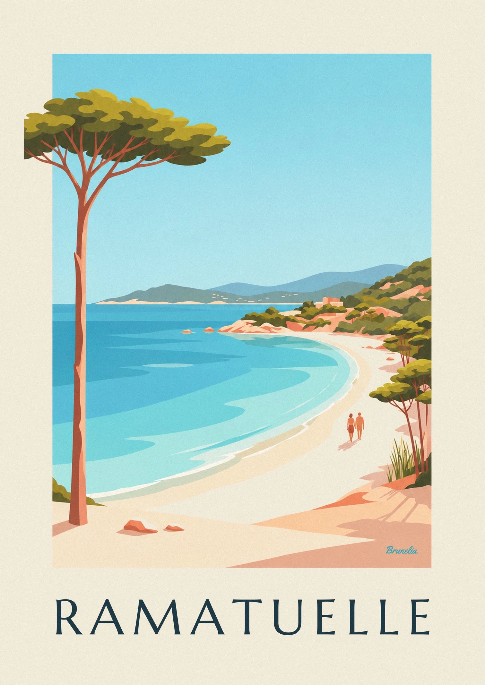 An umbrella pine with olive-green foliage, against a blue sky and distant hills