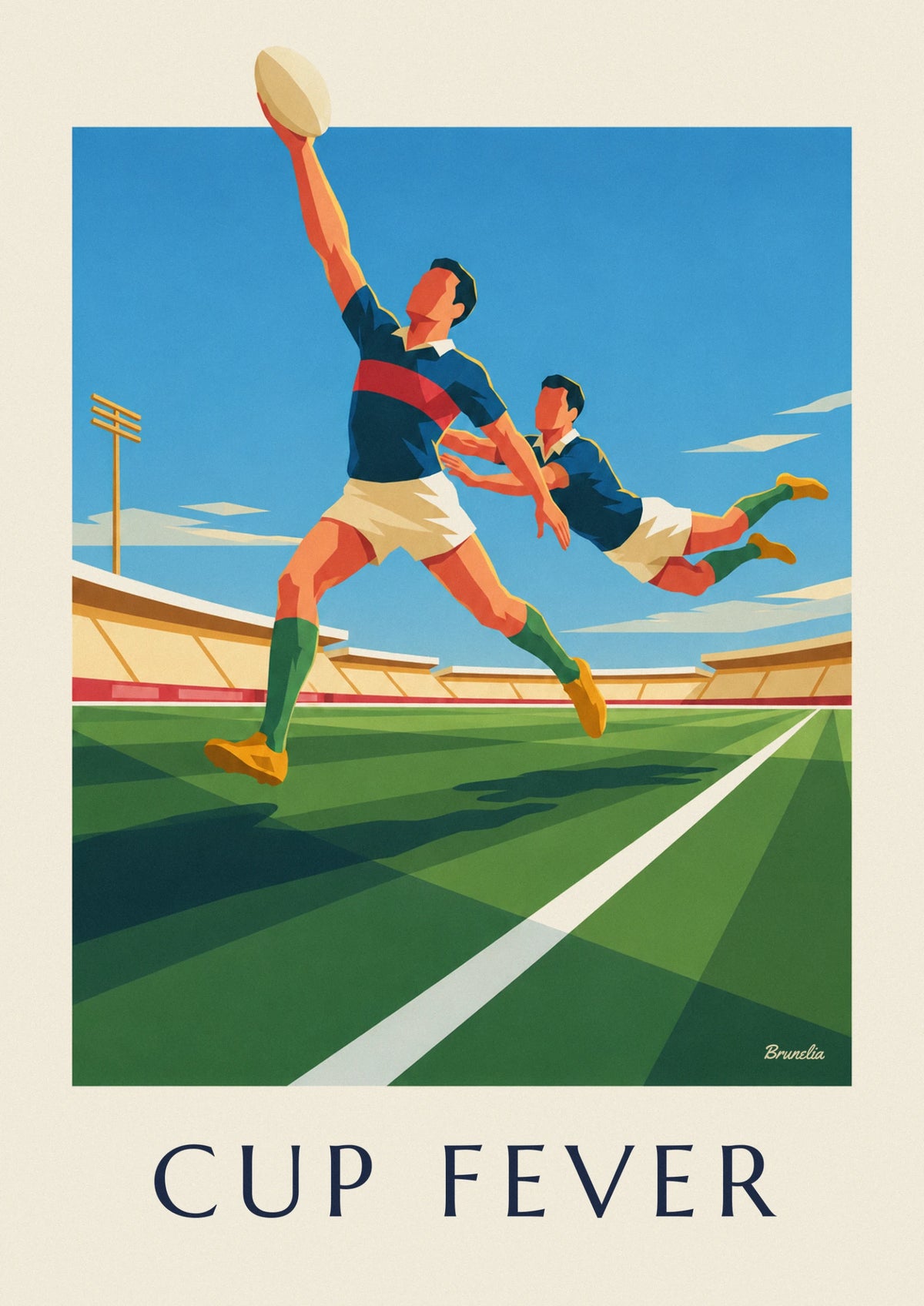 Affiche joueur de rugby lancé ballon en main face à un plaqueur