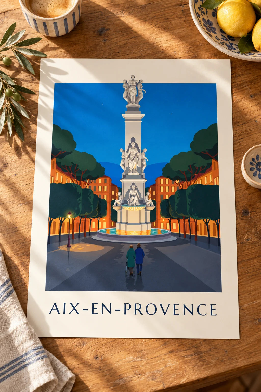 Affiche fontaine de la Rotonde sur le cours Mirabeau d'Aix : posée sur une table