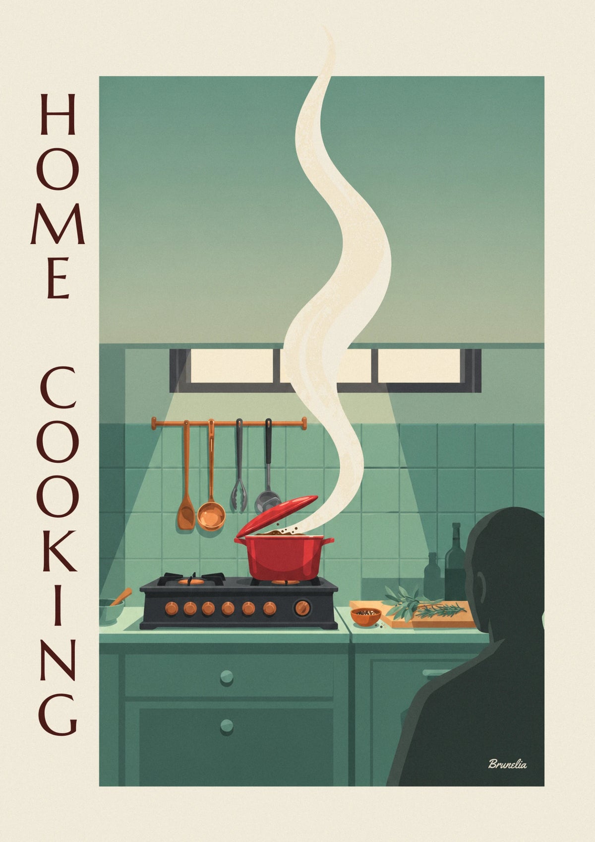 Affiche cocotte rouge qui mijote et ustensiles de cuisine