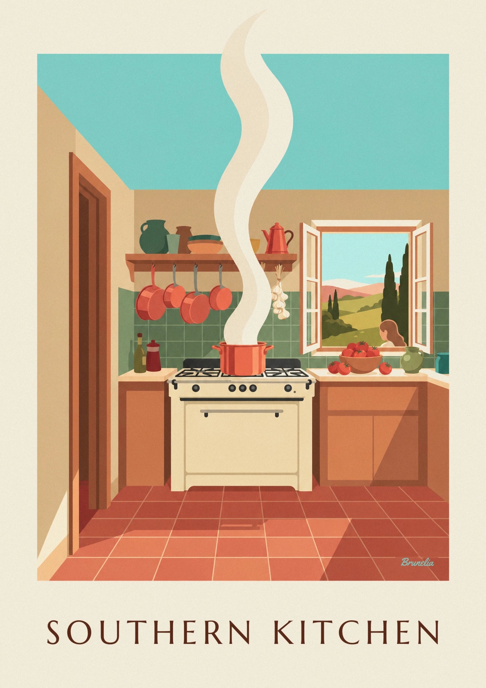 The steaming red pot on the cream cooker, beneath the hanging saucepans