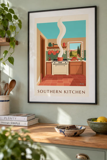 Affiche cuisine du Sud, ratatouille et casseroles en cuivre : encadrée au mur