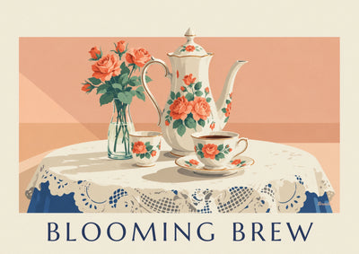 Affiche théière et tasse de café en porcelaine fleurie : l'affiche entière