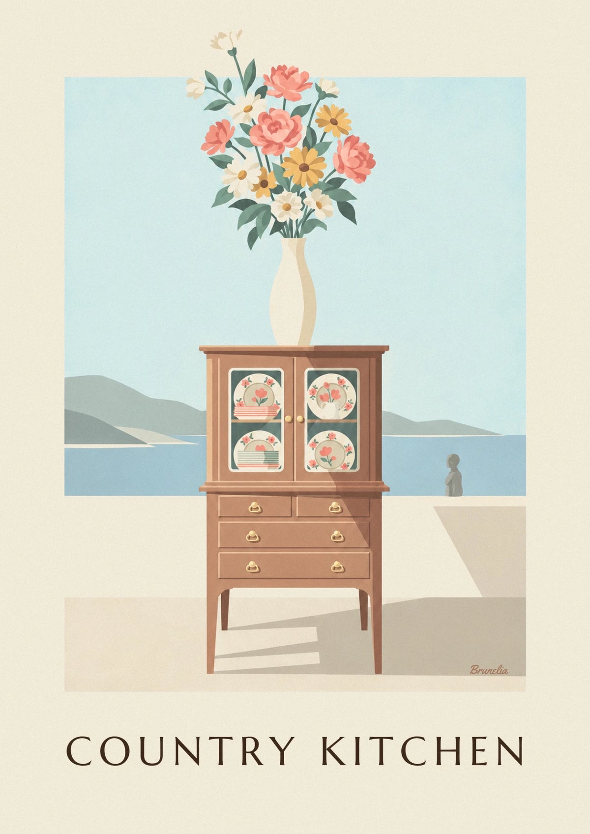 Affiche buffet de cuisine en bois, assiettes et motifs floraux