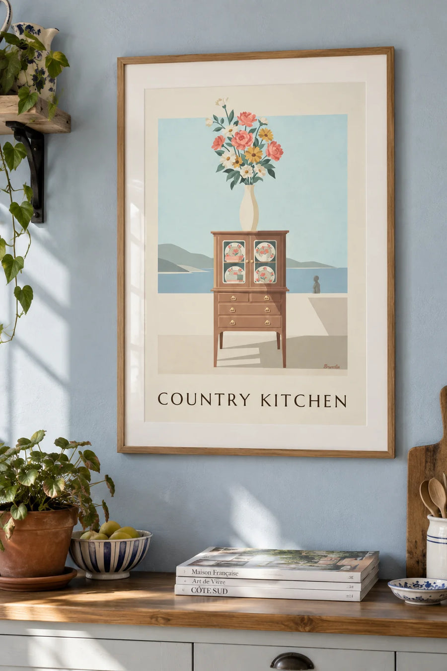 Affiche buffet de cuisine en bois, assiettes et motifs floraux : encadrée au mur