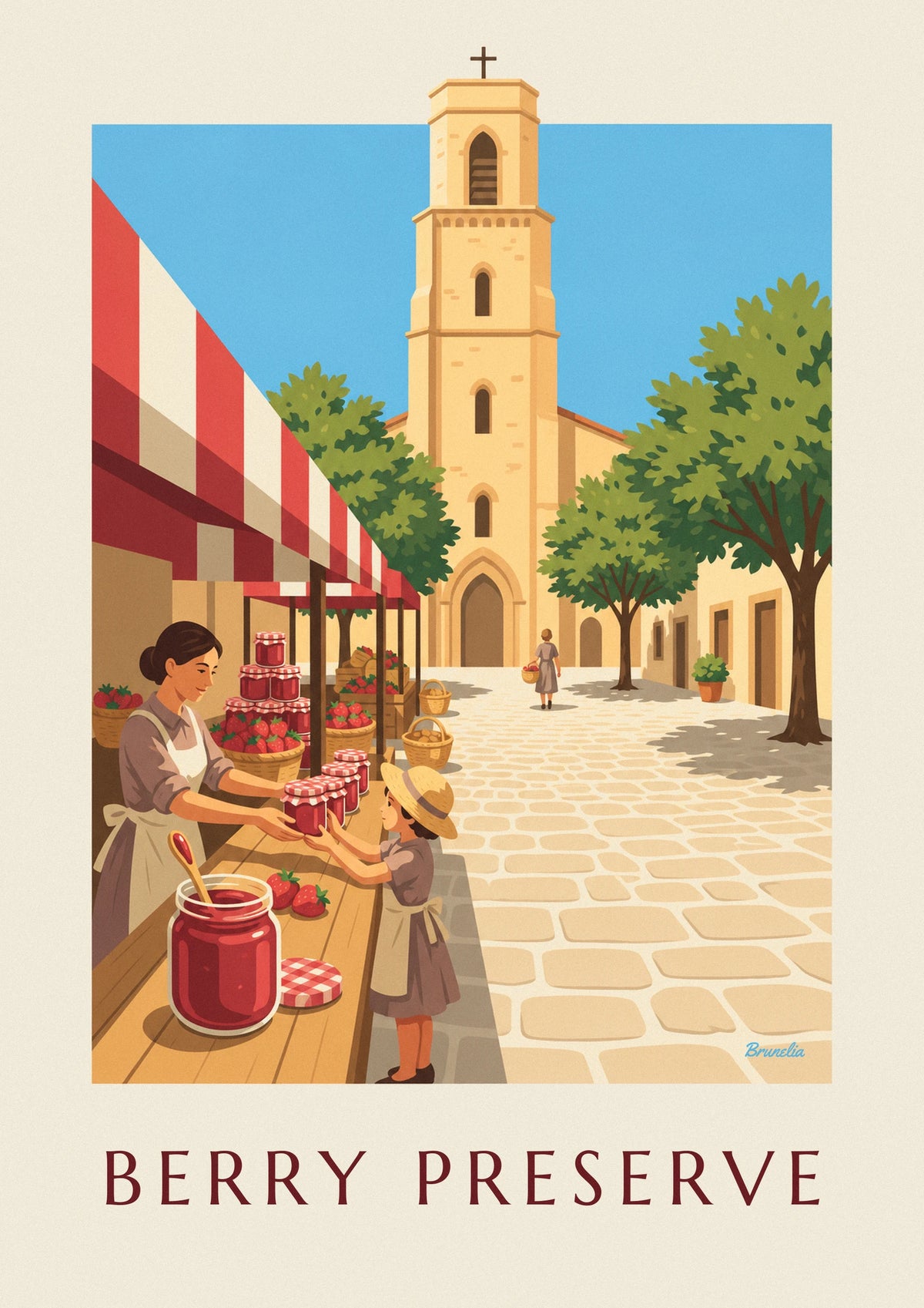 Affiche pot de confiture de fraises sur un étal de fête de village