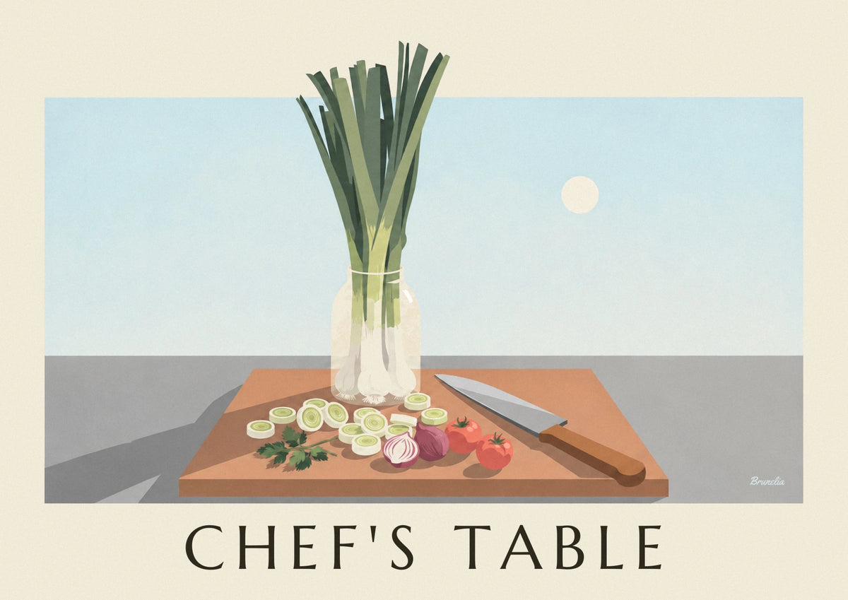 Affiche planche à découper, couteau de chef et légumes frais